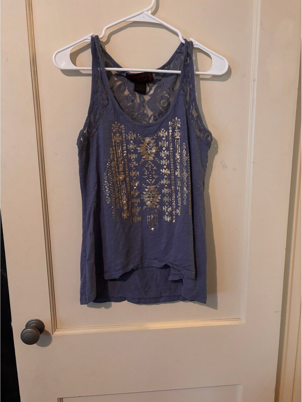 Cowgirl Legend Women's Blue Lace Back Tank Top with Gold Foil Print, Size M